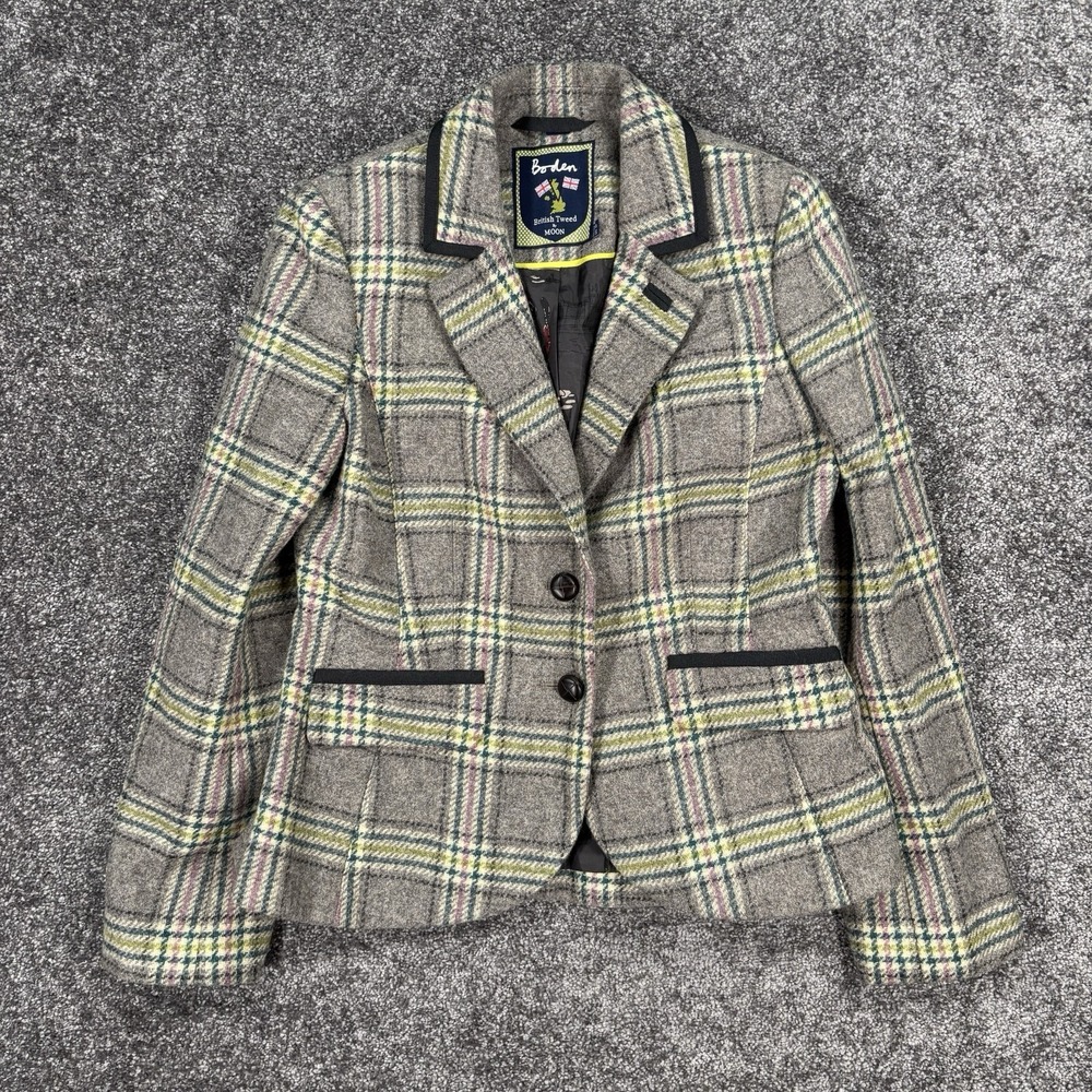 Boden British Tweed by Moon 100% Wool Plaid Blazer Jacket Women's US 6P Gray